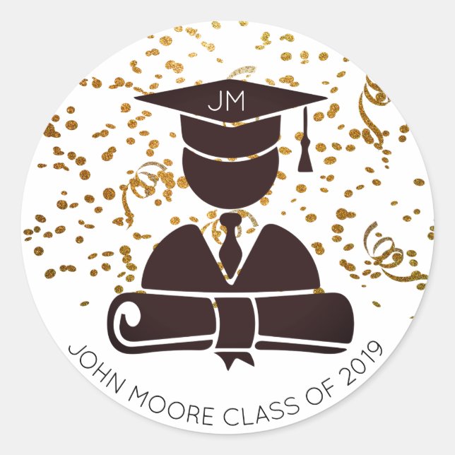 Graduate Silhouette Diploma Party Confetti Classic Round Sticker (Front)