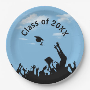 Graduate Silhouettes On Blue Sky Paper Plate