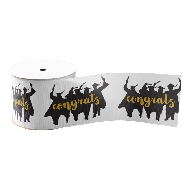 Graduate Silhouettes With Congrats Text Grosgrain Ribbon (Spool)