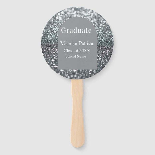 Graduate silver gray glitter arch shape name year hand fan (Front)