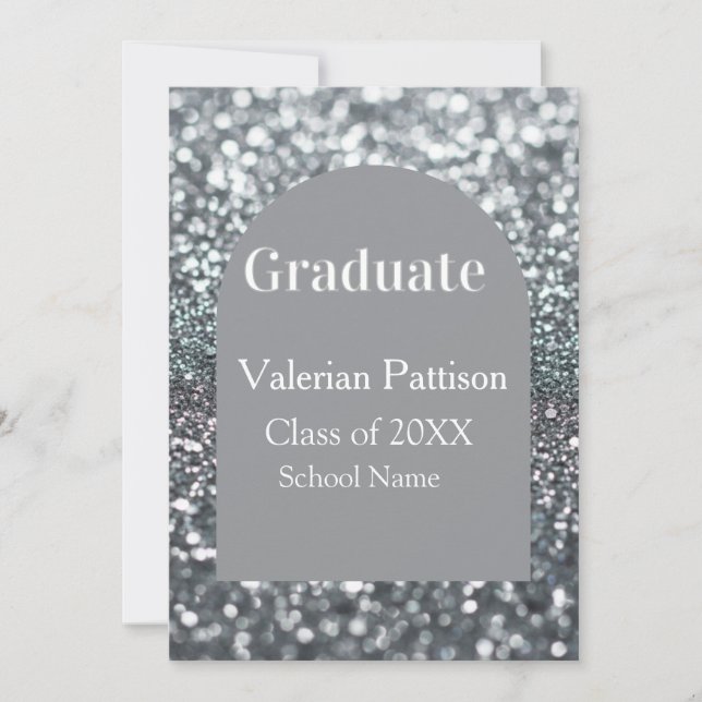 Graduate silver gray glitter arch shape name year invitation (Front)