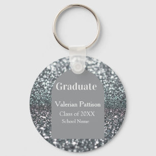 Graduate silver gray glitter arch shape name year keychain