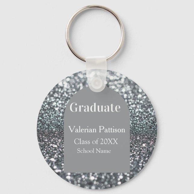 Graduate silver gray glitter arch shape name year keychain (Front)