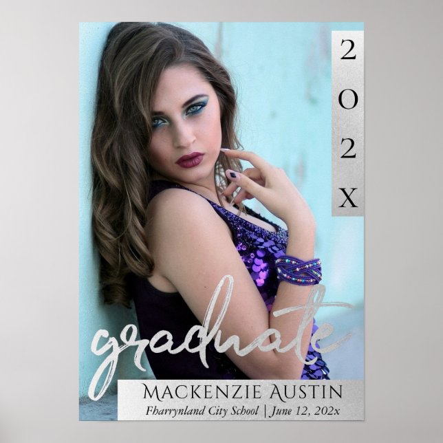 Graduate Silver Script | Brush Grad Photo Keepsake Poster (Front)