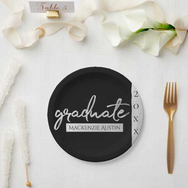 Graduate Silver Script | Trendy Faux Metallic Paper Plate (Wedding)