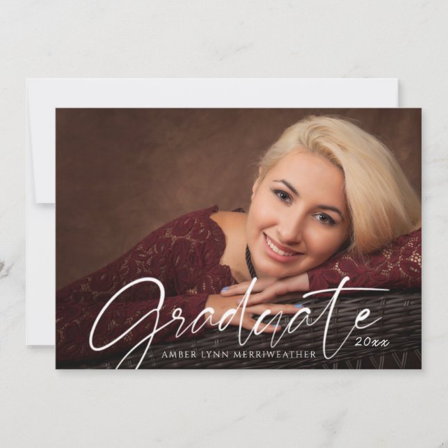 Graduate Simple Chic White Script Photo Party Invitation (Front)