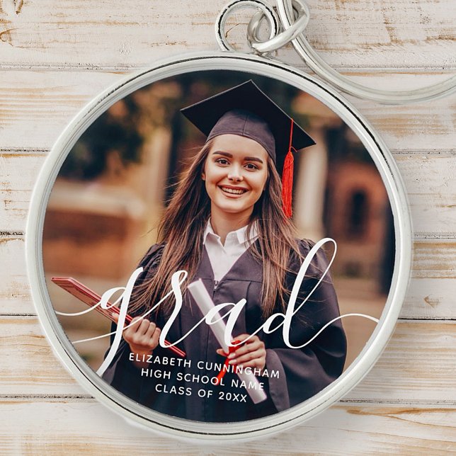 Graduate Simple Modern Script Classic Photo Keychain (Creator Uploaded)