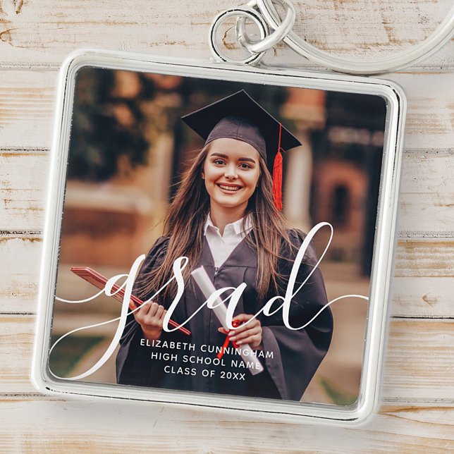 Graduate Simple Modern Script Classic Photo Keychain (Creator Uploaded)