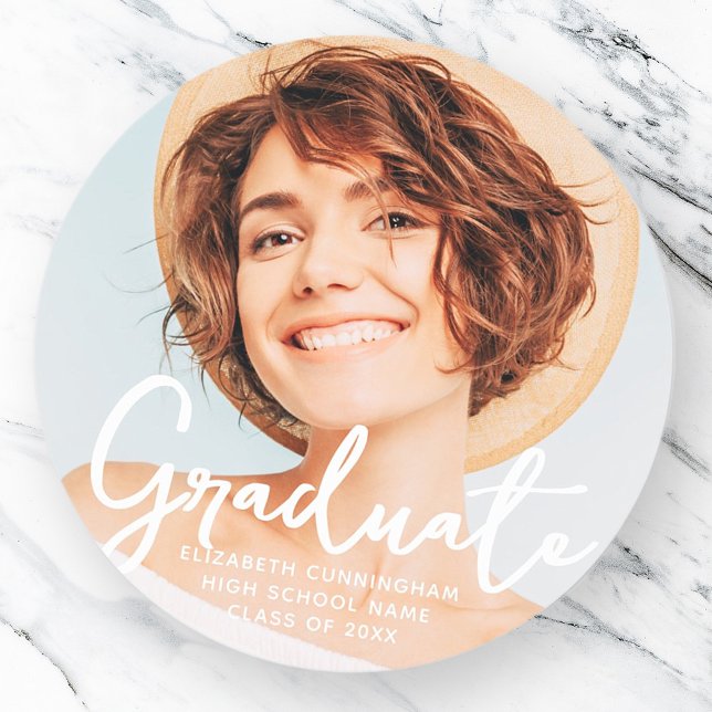 Graduate Simple Modern Script Grad Photo Classic Round Sticker (Creator Uploaded)