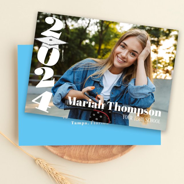 Graduate Simple Modern Stylish Class of 2024 Invitation (Graduation photo invitation announcement With Carolina Blue. )