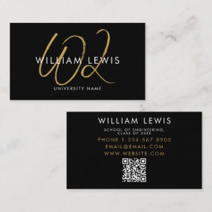 Graduate Student Black & Gold Script QR Code  Business Card