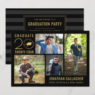 Graduate Stylish Class Year 4 Photo Black Gold Invitation