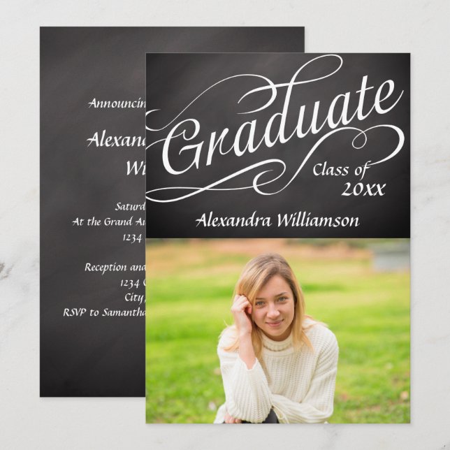 Graduate Swirly Script Chalkboard Photo Graduation Invitation (Front/Back)