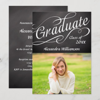Graduate Swirly Script Chalkboard Photo Graduation Invitation