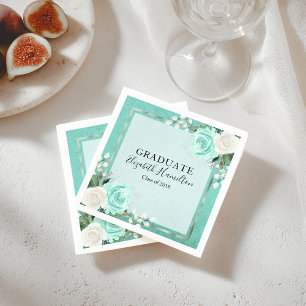 Graduate Teal & Foil Silver Chic Floral Graduation Napkin