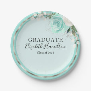 Graduate Teal & Foil Silver Modern Chic Floral Paper Plate