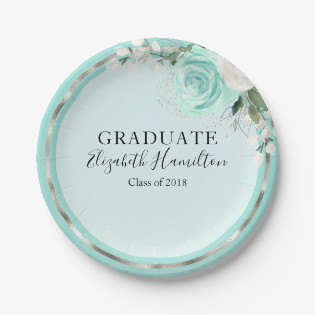 Graduate Teal & Foil Silver Modern Chic Floral Paper Plate (Front)