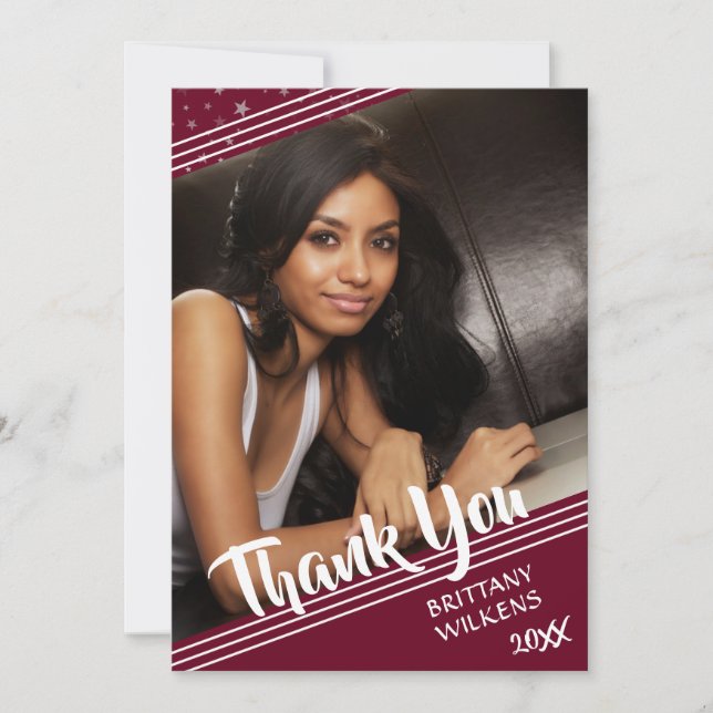 Graduate Thank You, Lines & Stars, Editable Maroon Thank You Card (Front)