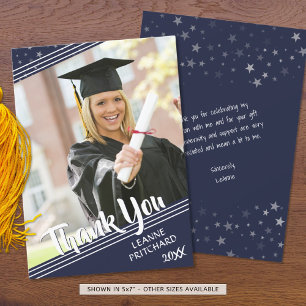 Graduate Thank You, Lines & Stars, Navy Blue Thank You Card