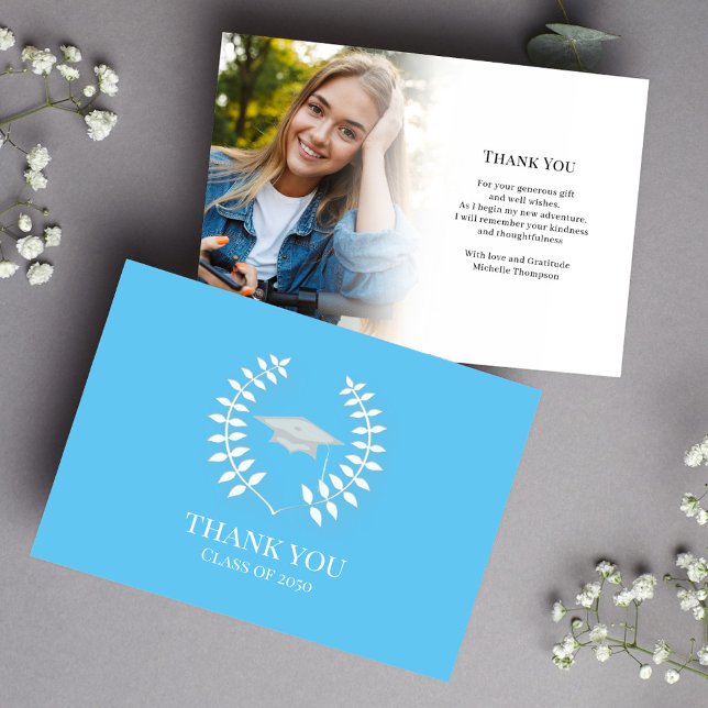 Graduate Thank You Modern Photo Carolina Blue (Graduation Carolina blue and white classic laureate photo thank you card. )