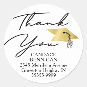 Graduate Thank You Script Gold Cap Return Address Classic Round Sticker