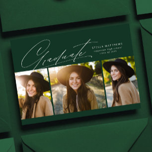 Graduate three photo simple modern dark green grad invitation