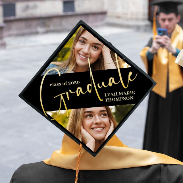 Graduate Typography Black and Gold Photo Collage Graduation Cap Topper (Custom black and gold photo collage graduation cap topper with name and class year.)
