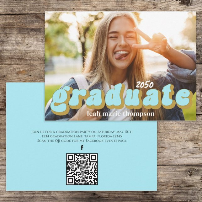 Graduate Typography Photo QR Code Social Media Invitation (Graduation photo invitation card with a retro-style typography design. )