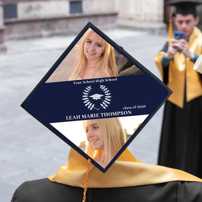 Graduate Typography School Colour Navy Blue Simple Graduation Cap Topper (Graduation cap topper with navy blue background and classic laureate.)