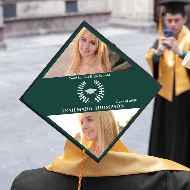 Graduate Typography School Colour Simple Green Graduation Cap Topper (Graduation cap topper with dark green background and classic laureate.)