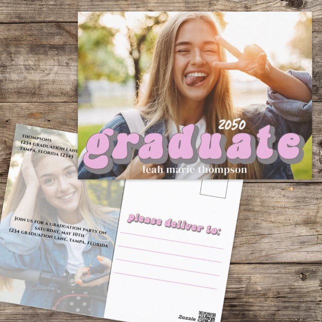 Graduate Typography Simple Pink Retro Two Photo Postcard (Creator Uploaded)