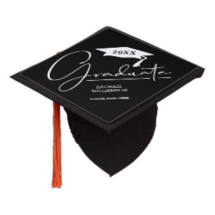 Graduate White Script Black Graduation Cap Topper