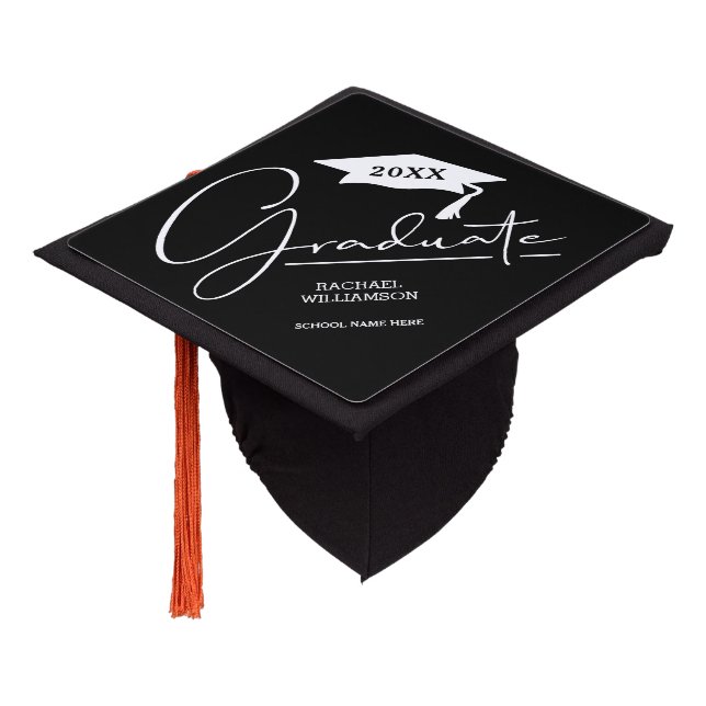 Graduate White Script Black Graduation Cap Topper (Angled)
