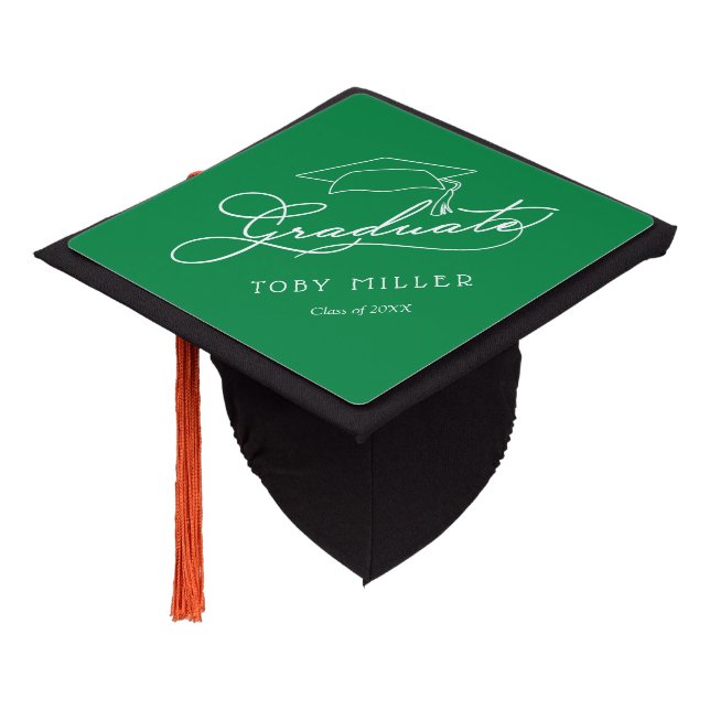 Graduate White Script on Green Graduation Cap Topper (Angled)