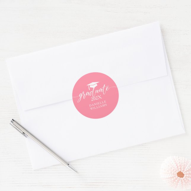 Graduate White Typography On Pink Background Classic Round Sticker (Envelope)