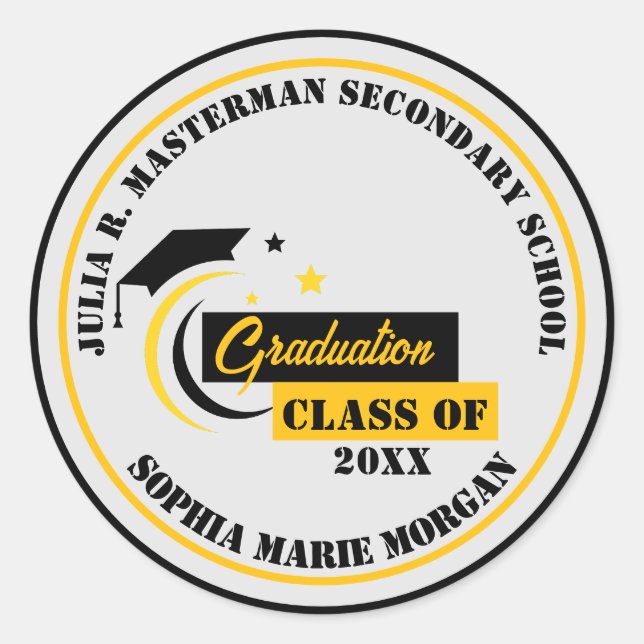 Graduate Yellow Black White Graduation Classic  Round Sticker (Front)