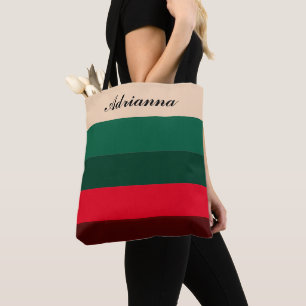 Graduated Red Green Holiday Stripe Name Tote Bag