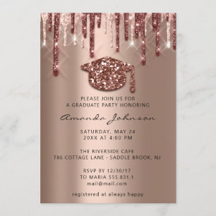 GraduateParty  Drips Rose Gold Cap3D Effect Invitation