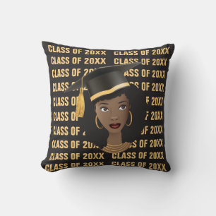 Graduating Class of 20XX, Black Woman, Gold Black Throw Pillow