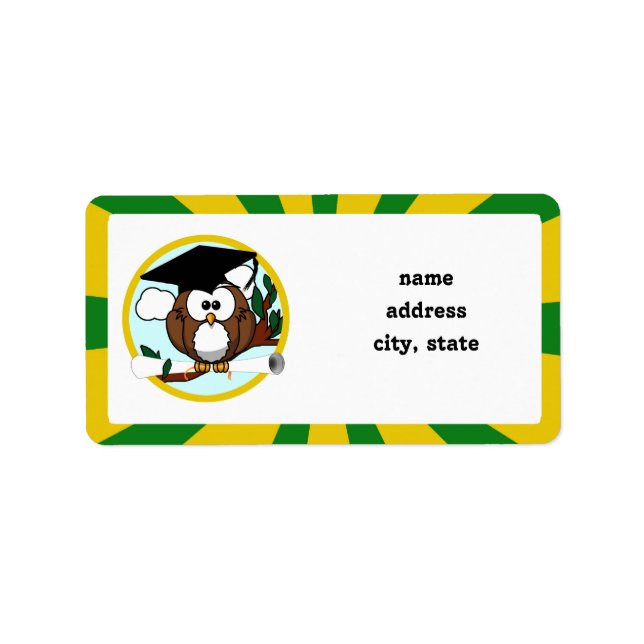 Graduating Owl w/  Green & Gold School Colours Label (Front)