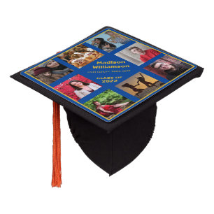 Graduatio 2024 Modern Blue Gold Name Photo Collage Graduation Cap Topper