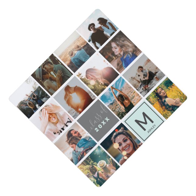 Graduation 14 photo collage grid monogram teal cap topper (Front)