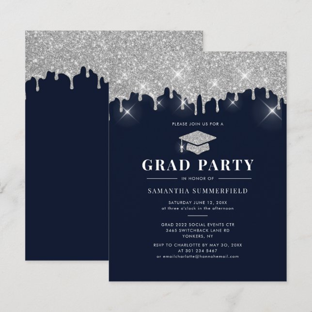 Graduation 2022 Glitter Silver Sparkle Grad Party Invitation (Front/Back)