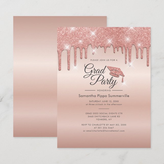Graduation 2022 Rose Gold Glitter Grad Party Invitation (Front/Back)