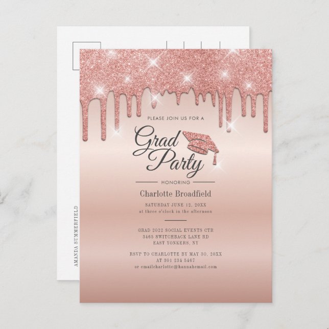 Graduation 2022 Script Rose Gold Modern Grad Party Invitation Postcard (Front/Back)