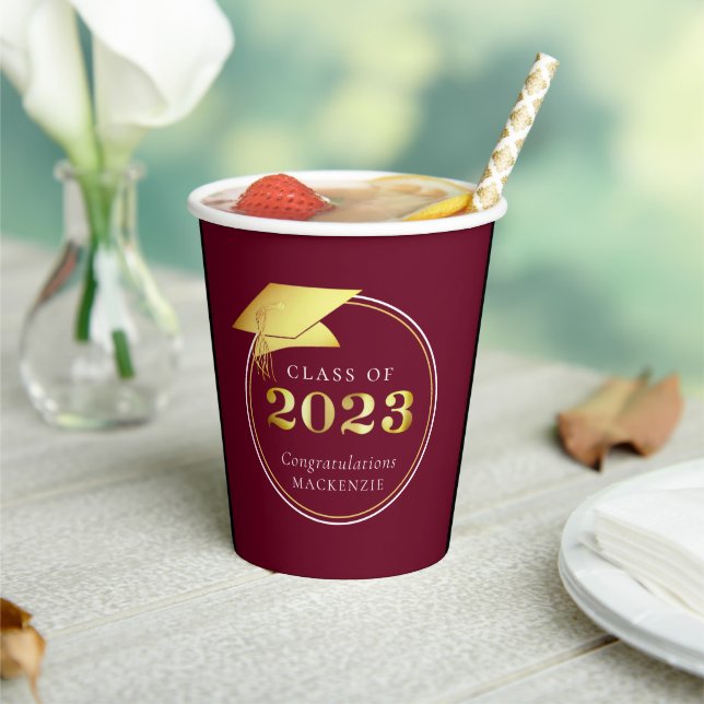 Graduation 2023 Maroon Faux Gold or Custom Colour Paper Cups (Insitu)