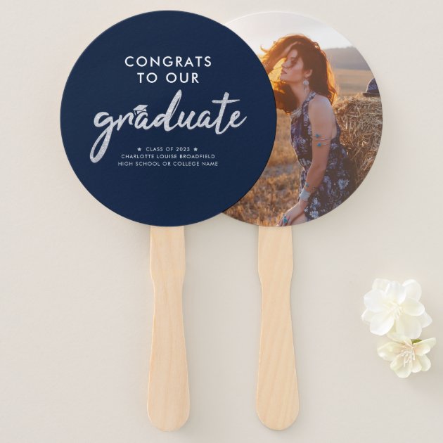 Graduation 2023 Photo Navy Blue Silver Script Grad Hand Fan | Zazzle