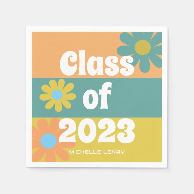 Graduation 2023 Retro Daisies Girls Personalized Napkin (Front)