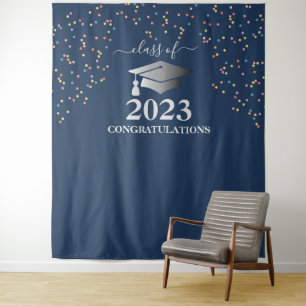 Graduation 2023 Royal Blue Confetti Silver  Tapestry