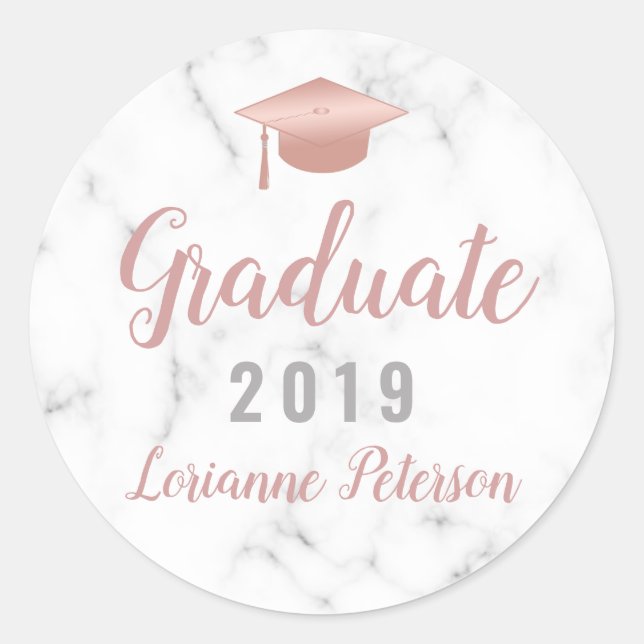 Graduation 2023 White Marble Rose Gold Grad Cap Classic Round Sticker (Front)